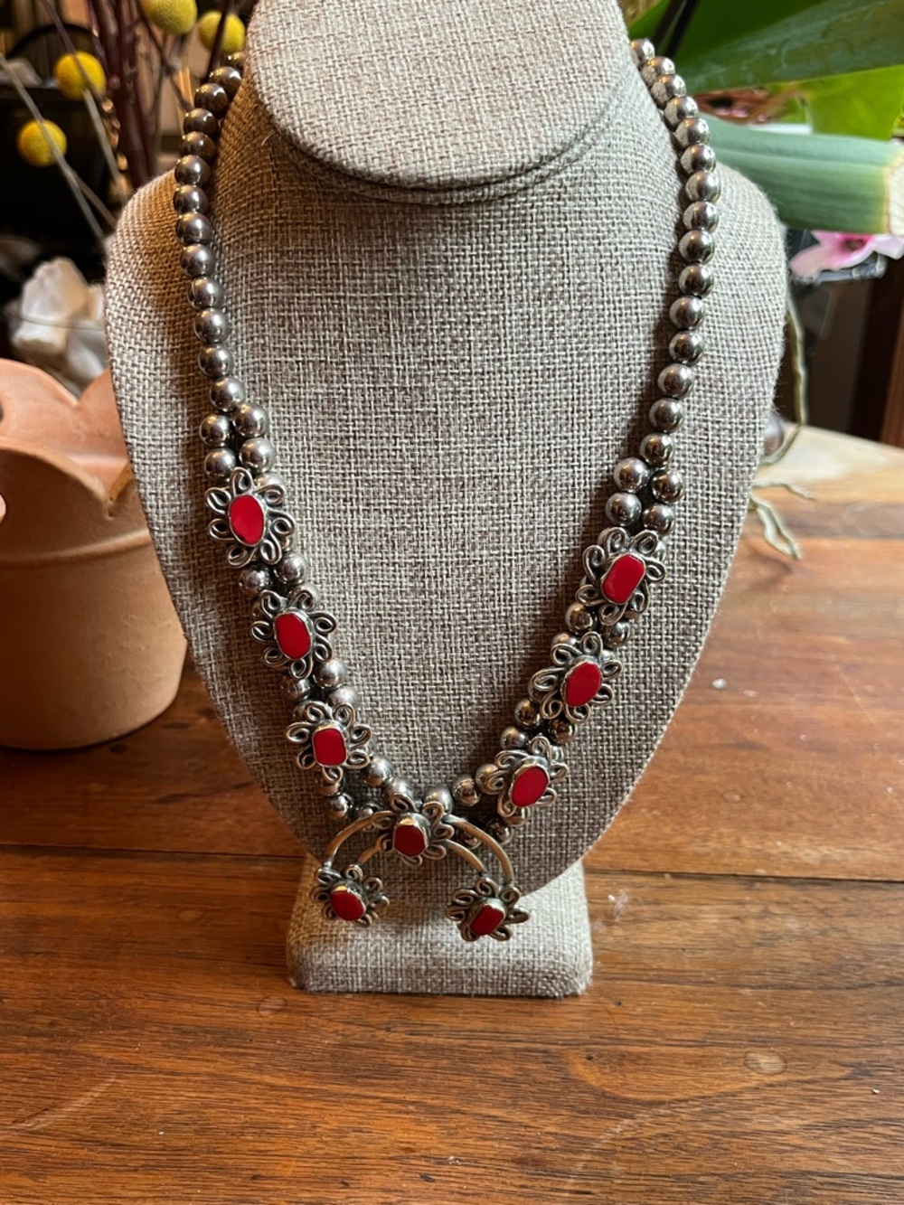 Sterling Silver Squash Blossom Necklace with Coral Stone Accents! - Picture 1 of 7